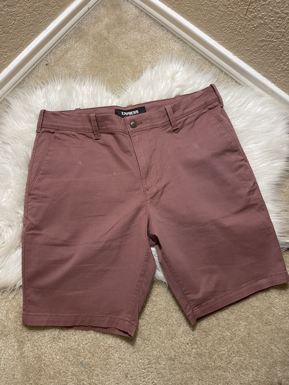 Express Mens Chino Shorts Size 32 Burgundy Cotton Flat Front Casual